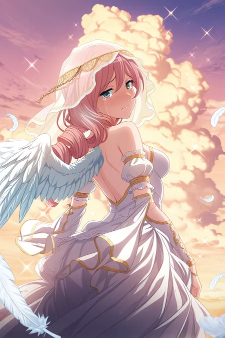 masterpiece, best quality, amazing quality,
<lora:Yachiyo_IL:1> yachiyo, 1girl, solo, pink hair, looking at viewer, veil, sky, tears, bare shoulders, cloud, long hair, dress, feathers, looking back, drill hair, detached sleeves, sparkle, wings