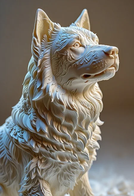 A photorealistic image of a majestic dog figure,
crystalstexture skin,(extremely delicate and beautiful), highly detailed, WhiteMold, art style, 3d printed mold,
intricate details, dramatic composition, contrast, texture, realism, high quality, stunning art, film grain, volumetric lighting, detailed,
background is cozy room,