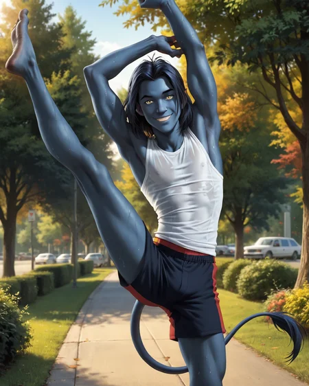 score_9, score_8_up, score_7_up, intricate details, rating_questionable,
<lora:homri52:1>,
<lora:Nightcrawler_X-Men_Evolution:0.8>,
1boy(nightcrawler, dark blue hair, blue skin, yellow eyes, tail with spaded tip, looking at the viewer, solo, happy, 
sleeveless undershirt, shorts, sweaty, stretching), outdoors, public park, summer, sunshine,
detailed background, depth of field, 
<lora:ral-chrosc-clr:0.5>, ral-chrosc-clr,
<lora:xl_more_art-full_v1:0.3>,
<lora:add-detail-xl:0.3>
