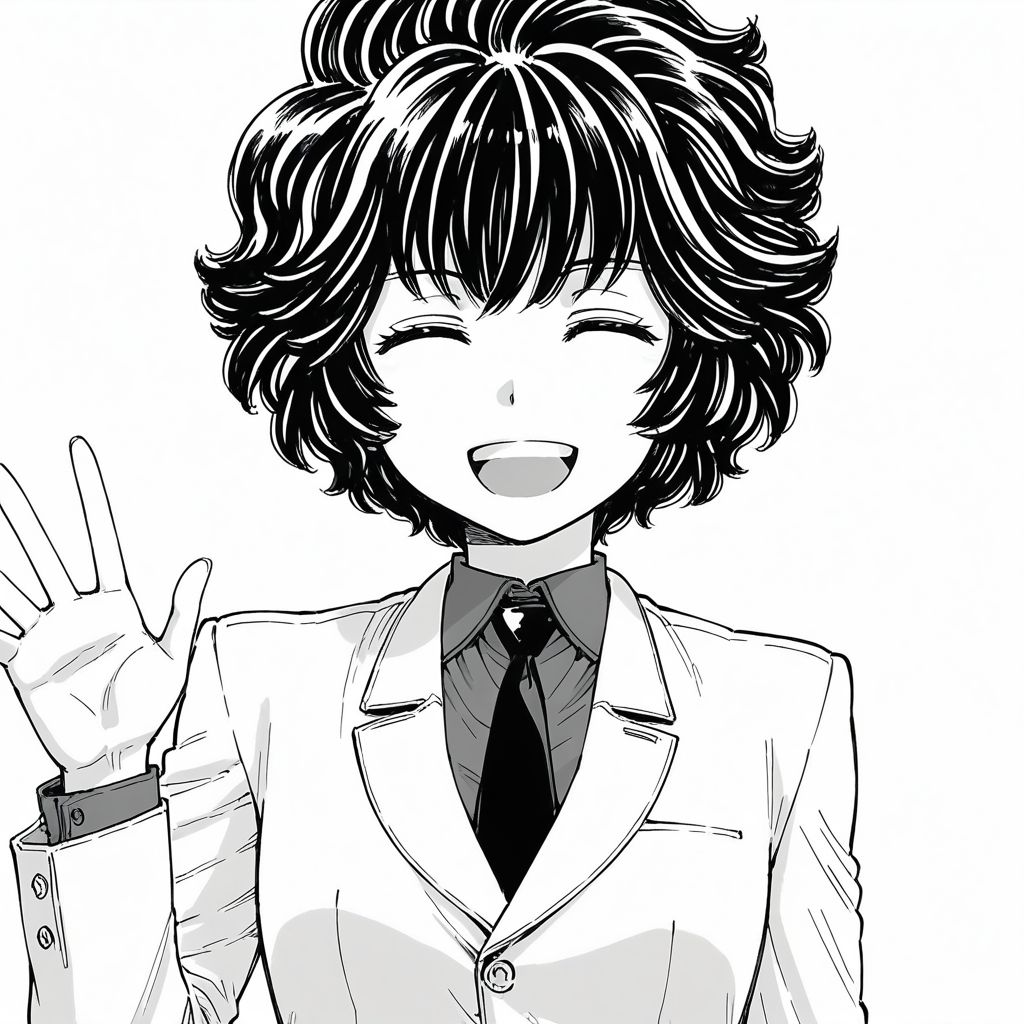 1girl,shiny skin ,<lora:marnie_ill_v1.1:0.9>,small breasts,toshimarnie, short hair, messy hair,white jacket, shirt, necktie,small breasts,upper body,BREAK
waving,looking at viewer,closed eyes,BREAK
masterpiece,best quality,amazing quality,manga,(greyscale,monochrome, comic:1),open mouth,