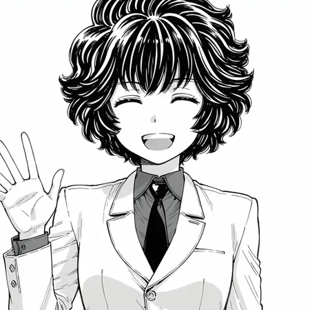 1girl,shiny skin ,<lora:marnie_ill_v1.1:0.9>,small breasts,toshimarnie, short hair, messy hair,white jacket, shirt, necktie,small breasts,upper body,BREAK
waving,looking at viewer,closed eyes,BREAK
masterpiece,best quality,amazing quality,manga,(greyscale,monochrome, comic:1),open mouth,