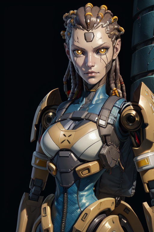 Ash, yellow eyes,  facial mark,  robotic dreads, 
robot joints, android, 
standing, upper body, facing viewer,   blank stare, toned,    serious, 
spaceship, lab, 
(insanely detailed, beautiful detailed face,beautiful detailed eyes, masterpiece, best quality)
 <lora:AshAPL:0.7>