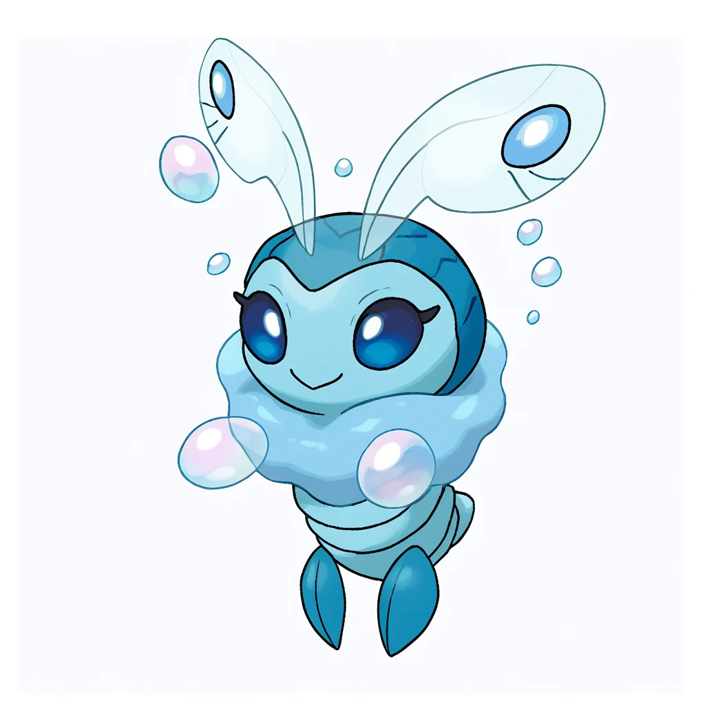 fakemon, pokemon (creature), no humans, full body,
water type, bug type, starter,
caterpillar, insect, antennae, short tail, cute, blue body, white body, bubbles, blue eyes, six legs, body segments, smile, cute,
flat colors, white background