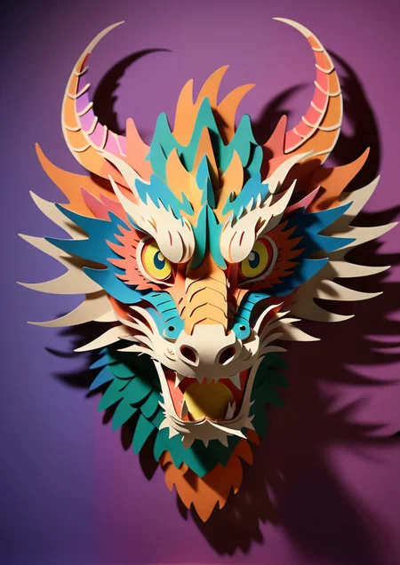 paper-cut, head of a dragon, (front view:1.5), colorful, dynamic lighting, intricate, creature design, <lora:add-detail-xl_v1.0_SDXL1.0:0.7>, <lora:Ath-Paper-Cut_v1.0_SDXL1.0:1>