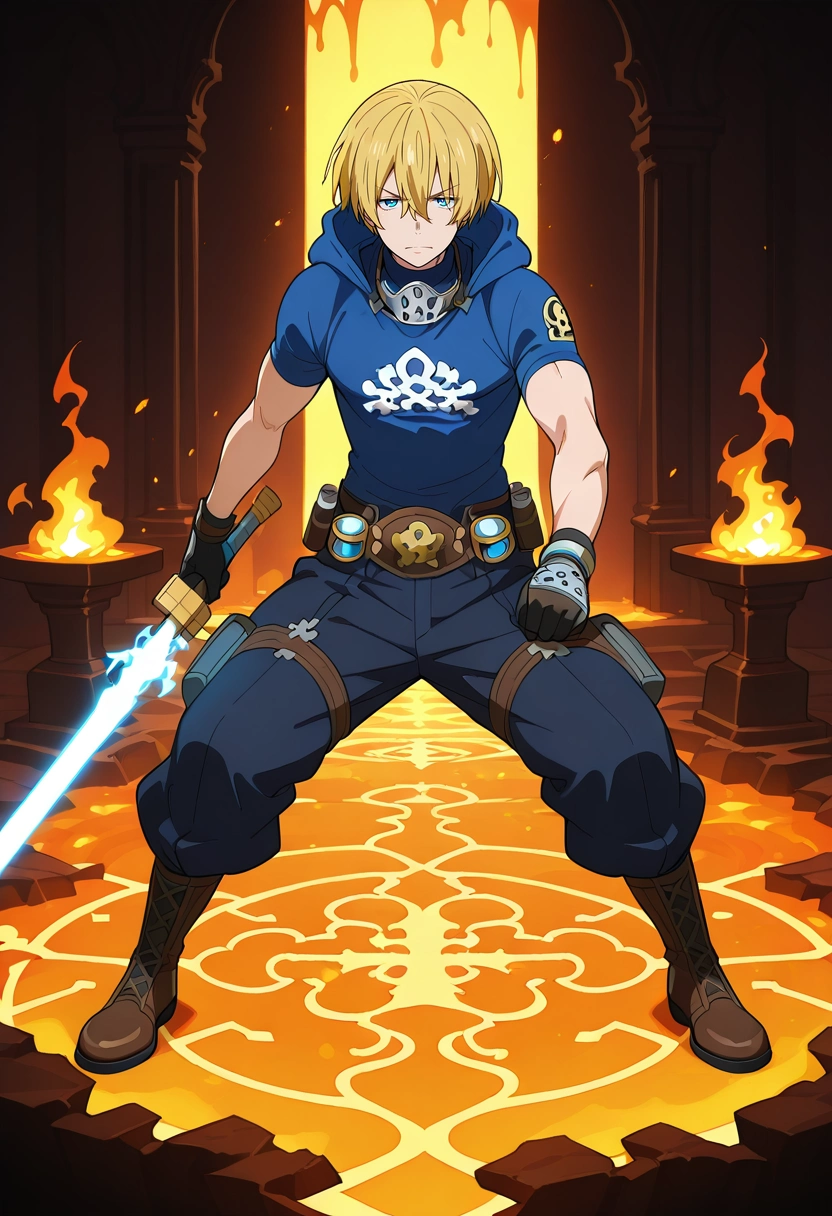 masterpiece, best quality, intricate details, ,, 1boy, solo, male focus, <lora:arthur_boyle_ilxl:0.92>, arthur_boyle, blonde hair, blue eyes, short hair, hair between eyes, hood, holding sword, energy sword, volcanic altar, ash paths, molten carvings, fiery pools, offering pose, intense expression, volcanic glow, Ruffled Rosewood Herringbone Trousers, Turtleneck T-shirt, , , andSteampunk Goggles