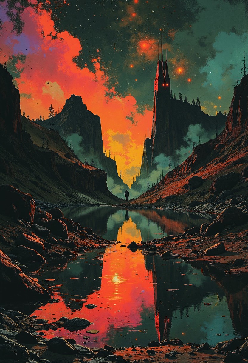 abstract oil painting, gradient vibrant neon colour, rough, textural, broad brush strokes, a futuristic sci-fi city with tall, perfectly reflected in a tranquil, still lake, at night, surreal colours, detailed night sky with stars and nebulas