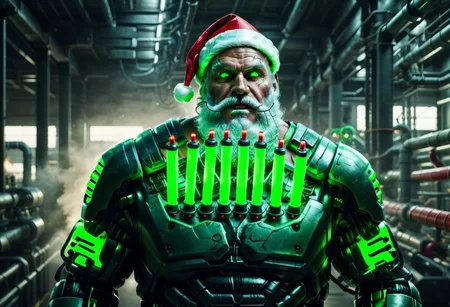 raw photo,cinematic shot,realistic,cybermutant robot santa claus with glowing red and green tubes in an industrial facility