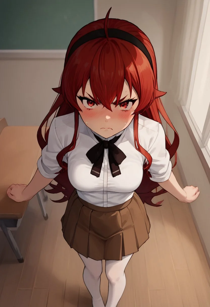 score_9, score_8_up, score_7_up, Expressiveh,
1girl, solo, eris greyrat, ahoge, hair between eyes, long hair, red eyes, red hair, black hairband, black ribbon, brown skirt, neck ribbon, school uniform, white pantyhose, white shirt,
medium breasts, perky breasts, slender, petite, thighs, standing, pose, at a classroom, indoors, from above, head to toe view, feet, looking at viewer, blush, angry face, heavy breathing, detailed background,