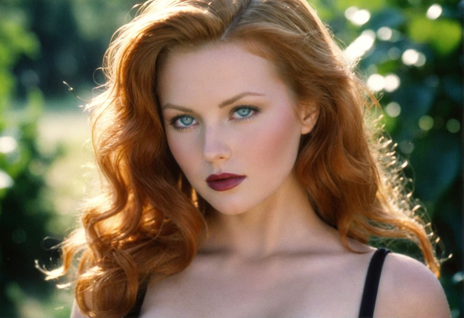(((analog photo))) CinematicPortrait woman ginger (provocative slavic) cleavage masterpiece outdoors, blue eyes, hair glow, (glossy dark lipstick), (), ((soft focus, depth of field)), (((looking at viewer, film grain))) <lora:CinematicPortraitXL_v3:0.4>  <lora:EuroBabe-v4-XL:0.4>
