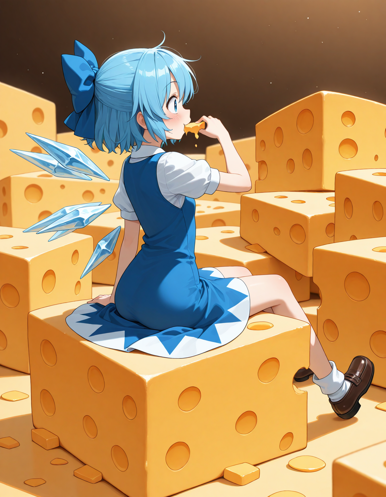 masterpiece, best quality, amazing quality,  1girl, solo, cirno, sitting on cheese, cheese, too many cheese, eating cheese, cheese background,