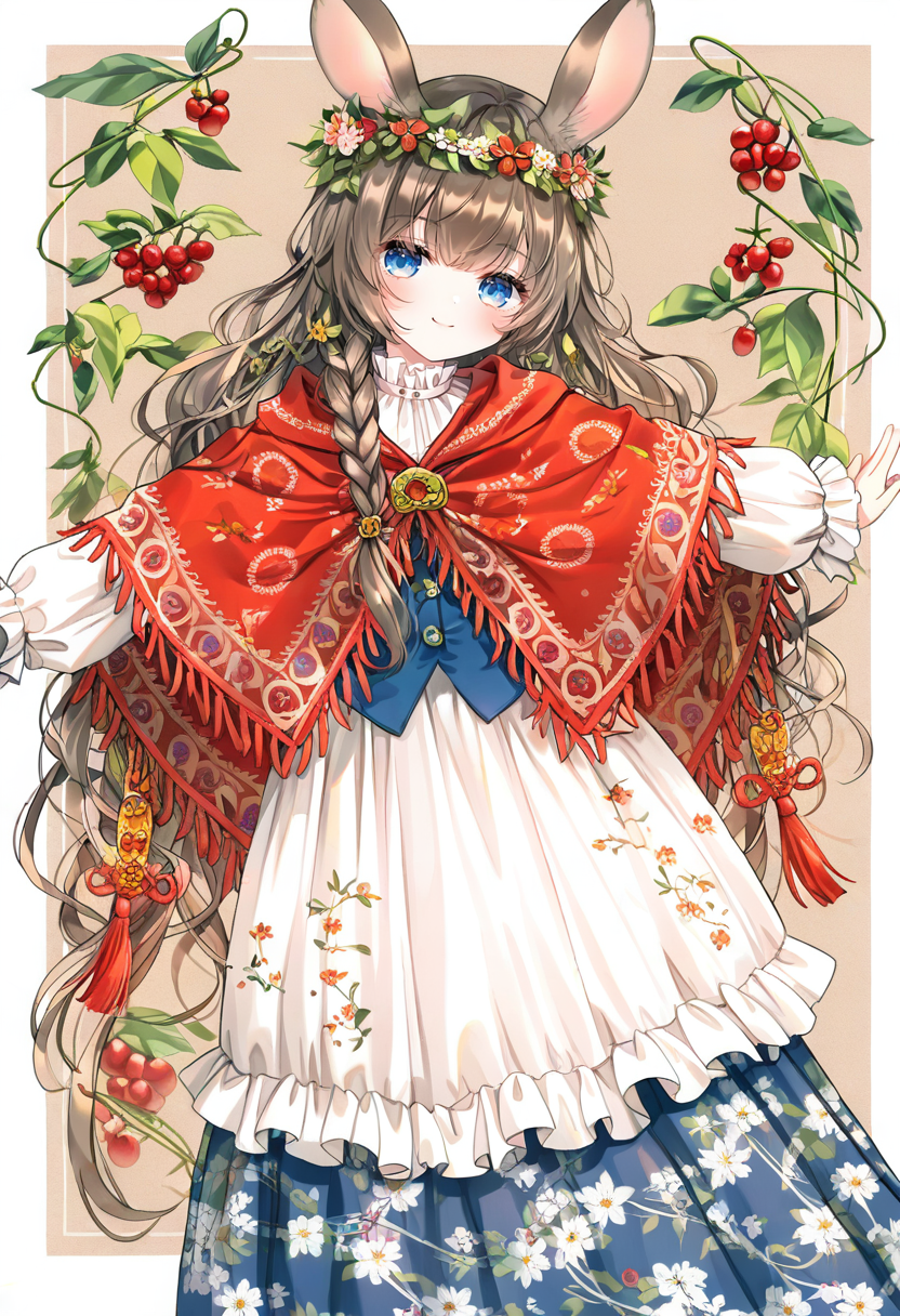 original,1girl,animal ears,apron,berry,blue eyes,blue vest,border,braid,brown background,brown hair,closed mouth,dress,eyelashes,feet out of frame,floral print,frilled sleeves,frills,head wreath,lace-trimmed veil,lace apron,lace trim,leaf,long dress,long hair,long sleeves,looking at viewer,multiple braids,outstretched arms,poncho,puffy long sleeves,puffy sleeves,rabbit ears,rabbit girl,red poncho,smile,solo,stretching,tassel,vest,white apron,white border,white dress,white sleeves <lora:caoXL_NBVP1_lokr_V6311PZ:0.95>