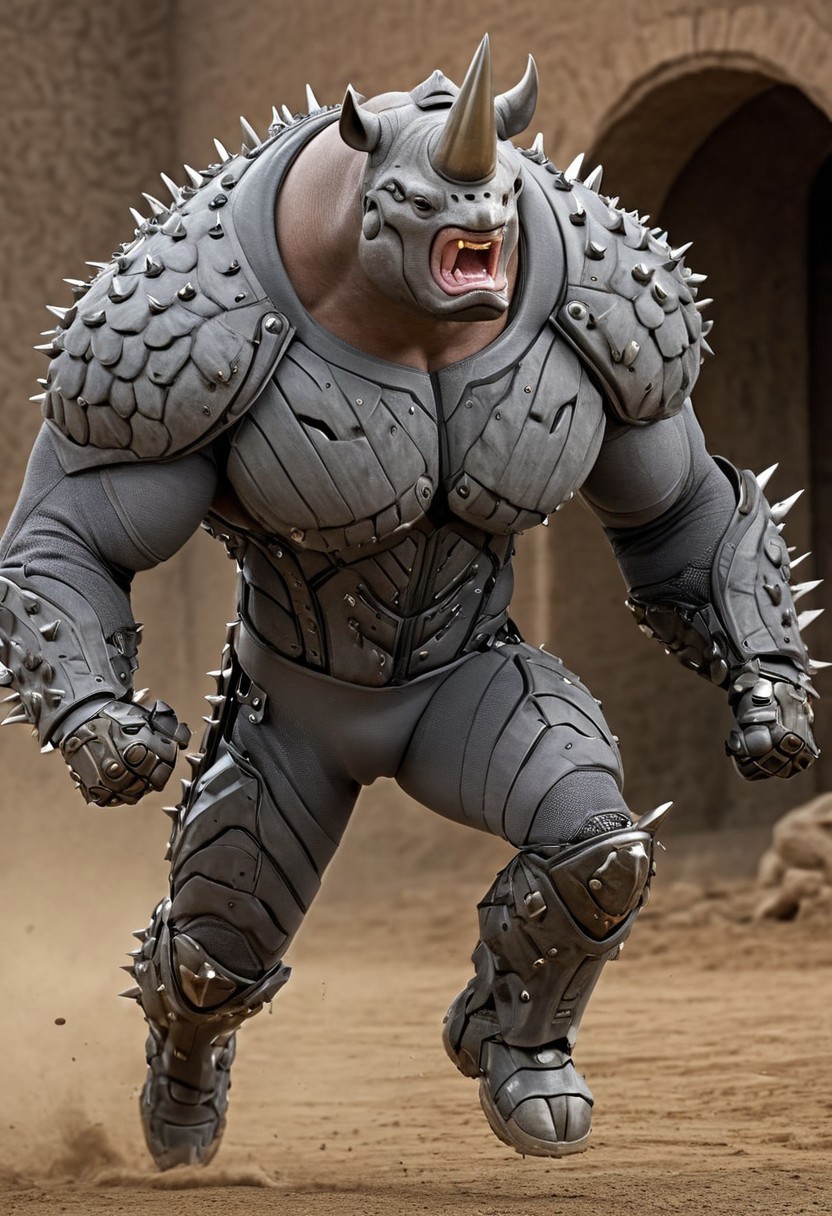 lazypos, the Rhino, 1boy, solo, grey gloves, black eyes, spikes, armor, bodysuit, big biceps, 6 pack abs, forged carbon skin and armour, raging, running towards viewer, dynamic, motion lines, dramatic, surreal, ground shaking,