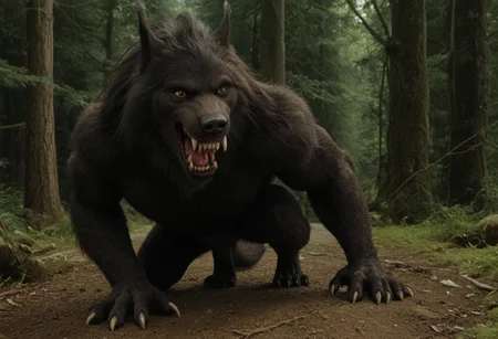 score 9, score 8, score 7, score 6, 1boy, furry male, solo, black fur, animal ears, yellow eyes, sharp teeth, claws, werewolf on down on all paws with tail in the air, (wagging tail, trying to look friendly), forest