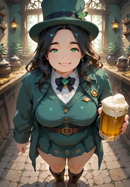 IllusP0s, PonyScores7, source_anime, ah1, IllustriousQual, interesting, exciting, spectacular, wonderful, amazing quality, absolutely eye-catching, 
BREAK <lora:xl_more_art-full_v1:0.2>, <lora:aesthetic_anime_v1s:0.2>, <lora:EpicF4nta5yXL:0.2>, <lora:detailxl:0.2>, detailxl, <lora:Fant5yP0ny:0.2>, amazing quality, best aesthetic, absurdres, illustration, Volumetric_Lighting, ultra-detailed, very aesthetic, intricate details, best_quality, <lora:Add_Details_v1.2:0.4>, <lora:quality_modifiers_masterpieces_v1:0.2>, <lora:ZootPonyAnime_V1_r2:0.2>, <lora:Bestifacator2:0.2>,
BREAK ((transitions from one pose to another, showcasing their versatility)),
BREAK Stable_Yogis_PDXL_Positives, AS-Adult, <lora:Complicated fantasy portrait - XL Pony V2.0:0.2>, bad-hands-5, <lora:HDA_Detailer:0.3>, <lora:natsumi_style:0.5>, <lora:by_usakun-pony:0.4>, by usakun, <lora:Akina_Bbw_Style_-_PonyXL:0.2>, AkinBw, ((Bird's Eye View shot)),
BREAK 1girl, mature female, (curvy), round-chin, caucasian, <lora:ETO_OC_Illustrius:0.5>, eto_oc, skindentation, (plump), thick thighs, wide hips, busty, voluptuous, <lora:venus body PonyXL:0.3>, <lora:shinyskin2:0.2>, glistening skin, HDA_FatGirlXL, round ass, large breasts, <lora:plussizegirls_IL:0.3>, <lora:plussizegirls_pony:0.3>, <lora:perfection style:0.2>, perfection style, perfection, 
BREAK ((<lora:ShamrockWorld_IXL:0.2>, shamrockworld, clover, four-leaf clover, cup, green theme, bow, holding pint of beer, jewelry, <lora:illustrious_Leprechaun:0.2>, illustrious Leprechaun, green hat, belt, brown footwear, green dress, top hat, buttons, gold coins, boots, green headwear, green coat)),
BREAK (curly hair), long hair, (black hair:1.4), (parted hair:1.7), messy hair, kinky curls, <lora:hairdetailpxl:0.2>, hairdetailpxl,
BREAK (half green and brown eyes), (colorful eyes), (multicolored eyes), (downturned eyes:1.4), expressive eyes, <lora:perfect-eyes:0.4> perfecteyes , EyesHD, (round face:1.2), (thick eyebrows:1.3), (plump face), <lora:Round_face:0.2>, lips, <lora:DetailedEyes_xl_bdsqlsz_V1:0.2>, <lora:Eyes_Lora_Pony_Perfect_eyes:0.2>, <lora:focusoneyes:0.2>, <lora:cinematic eye color style illustrious v1:0.2>,
BREAK ((happy expression, smiling at viewer)), <lora:Expressive_H:0.2>, Expressiveh, <lora:Emotional_Anime_Expressions_PonyXL_Concept:0.2>, emotional, <lora:Best_Facial_Expression_LoRA_PONY:0.2>, looking at viewer, <lora:Detailed expressive EXEV style -XL Pony V1.0:0.2>, FaceDetail, <lora:Best_Facial_Expression_Helper_XTREME_ILLU:0.4>, kaogei,
BREAK (((ireland, irish pub))), <lora:Background Detailer - SDXL:0.8>, 4k, 8k, Ultra HD, Masterpiece, Best quality, Detailed background, <lora:Add_more_details_V2_XLpony:0.2>, full_details, <lora:background-type1:0.2>,