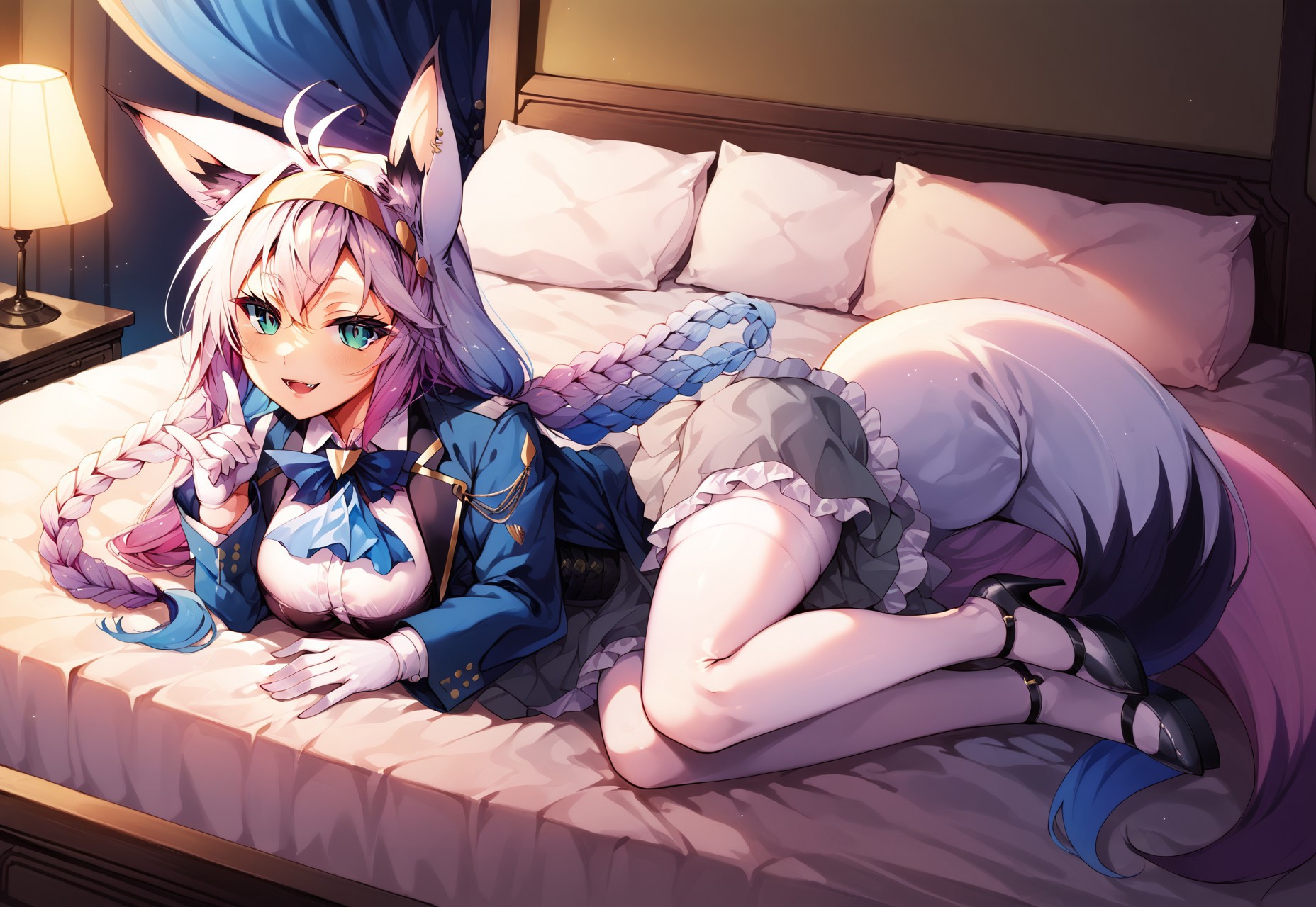 safe_pos, safe_pos, safe_pos, safe_pos, safe_pos, safe_pos, score_9, score_8_up, score_7_up, score_6_up, masterpiece, source_anime, high quality, perfect face, detailed eyes, perfecteyes, perfect balance, detailed face, perfect lighting, detailed background, uncensored, newest, absurdres, highres, very aesthetic, indoor, bedroom, bed, big bed, luxury bed, windows, night, 
uncensored, 
fubuki, white hair, single side braid, ahoge, piercing, fox tail,
fubuki_elegant, braided ponytail, blue coat, blue ascot, corset, collared shirt, grey skirt, frilled skirt, white pantyhose, white gloves, hairband, white hair, piercing, fox tail,
 1girl, solo, open mouth, smile, large breasts, pleasured, full body, long legs, larger female, tall female, looking at viewer, long calves, long legs, thin thighs, tall_girl,long_legs, high heels, lying on bed, half closed eyes, naughty face, multicolored hair, from above, fangs