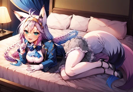 safe_pos, safe_pos, safe_pos, safe_pos, safe_pos, safe_pos, score_9, score_8_up, score_7_up, score_6_up, masterpiece, source_anime, high quality, perfect face, detailed eyes, perfecteyes, perfect balance, detailed face, perfect lighting, detailed background, uncensored, newest, absurdres, highres, very aesthetic, indoor, bedroom, bed, big bed, luxury bed, windows, night,
uncensored,
fubuki, white hair, single side braid, ahoge, piercing, fox tail,
fubuki_elegant, braided ponytail, blue coat, blue ascot, corset, collared shirt, grey skirt, frilled skirt, white pantyhose, white gloves, hairband, white hair, piercing, fox tail,
1girl, solo, open mouth, smile, large breasts, pleasured, full body, long legs, larger female, tall female, looking at viewer, long calves, long legs, thin thighs, tall_girl,long_legs, high heels, lying on bed, half closed eyes, naughty face, multicolored hair, from above, fangs
