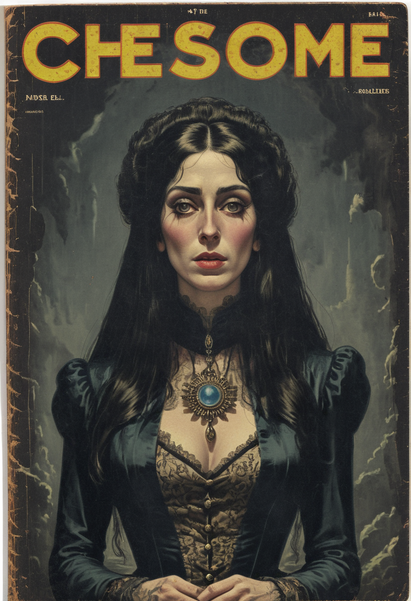 vintage comic book cover with an illustration of 19th century Cher, clean lines, victorian era occult horror, detailed, by peter newell, worthington whittredge, dark and gritty and creepy