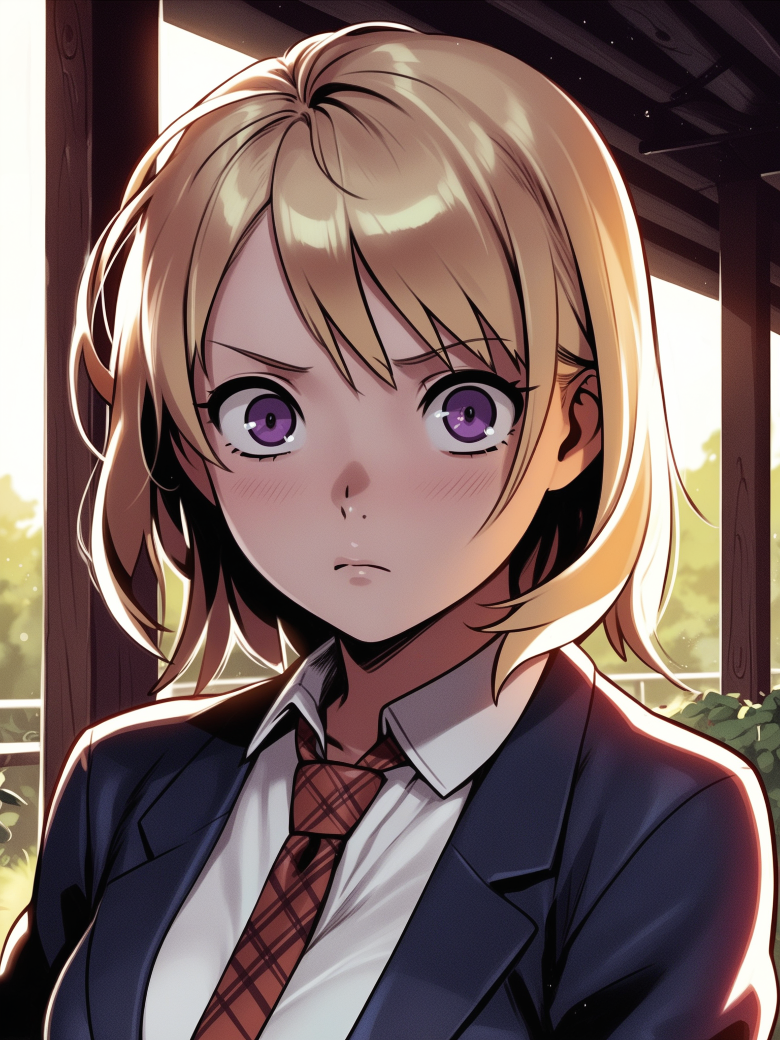<lora:happy_tentacle-lovebeat-v0.2-000036:1>, ht_lovebeat, blonde hair, purple eyes, collared shirt, blazer, pleated skirt, plaid skirt, plaid necktie, garter straps, thighhighs, knee boots, lace-up boots, outdoors, , 1girl, solo, portrait , wide-eyed , (confused :1.1), , looking at viewer , , facing viewer , score_9, score_8_up, score_7_up, score_6_up, score_5_up, score_4_up