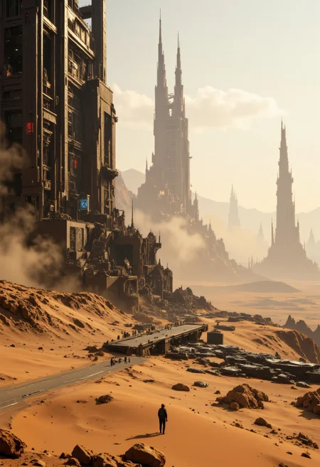 artilands02, Desert City of Ruins: In a forgotten desert city, towering, decaying spires of metal and weathered stone rise against the endless dunes. Once-glorious futuristic structures are now choked by dust and sand, while faint flickers of neon lights pulse weakly through the air. The horizon is a blurred line of storm and decay, with sandstorms swirling in the distance, barely revealing the skeletal remains of what was once a bustling civilization. The muted, fading sunlight struggles to pierce the thick, choking atmosphere, casting an eerie, spectral glow over the ruins.