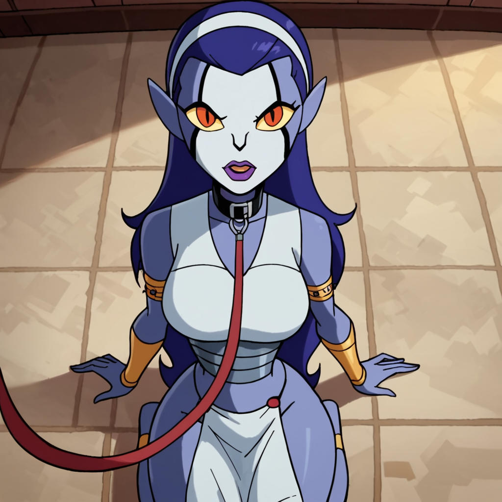 score_9, score_8_up, score_7_up, score_6_up, score_5_up, score_4_up, 1girl, purple hair, long hair, colored sclera, yellow sclera, hairband, red eyes, purple lips, blue skin, makeup, pointy ears, large breasts, narrow waist, wide hips, looking at viewer, harem outfit, kneeling, from above, pov, pelvic curtain, see-through, leash, collar, high quality, masterpiece, highres,  <lora:Rook_Shar:1>