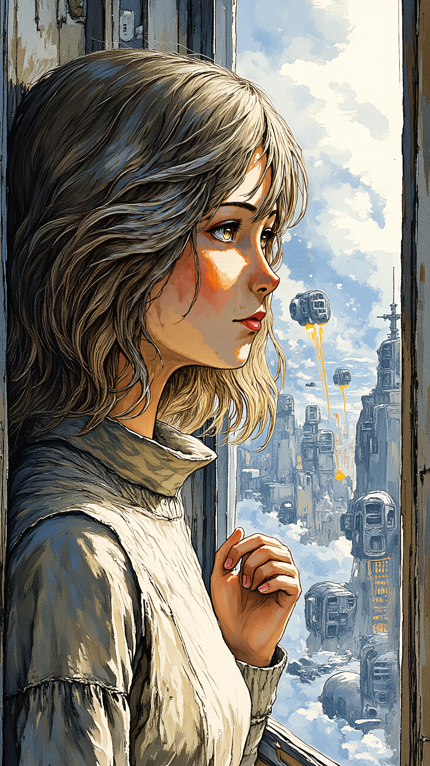 Anime-style illustration of a serene young woman with shoulder-length, tousled ash-brown hair, captured in a side view as she rests her hand against a fogged-up window. Her expression is calm, lost in thought, as she watches distant flying ships glide through a futuristic cityscape. She wears a loose, high-collared sweater, the fabric textured and slightly worn. Muted colors dominateâsoft grays, desaturated blues, and warm earth tones, blending into the hazy neon glow outside. Painterly styleârich, textured brushstrokes, soft blended edges, atmospheric depth, expressive yet delicate shading. <lora:flux-fp8-fjsmu:1.2> <lora:flux-sm41l33-comic-v1:0.8> <lora:Illustration_Style_IV:0.8>