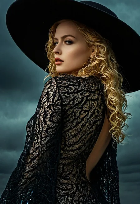 This is a highly detailed, photorealistic digital artwork featuring a striking, statuesque woman with an ethereal, almost mythical appearance. She stands against a dramatic, dark, cloudy sky, suggesting an ominous, almost stormy atmosphere. Her skin has a porcelain complexion and she has long, wavy, golden-blonde hair cascading down her back, styled in loose waves. She wears a large, black, wide-brimmed hat adorned with intricate, twisted, branch-like designs, adding to her otherworldly aura.