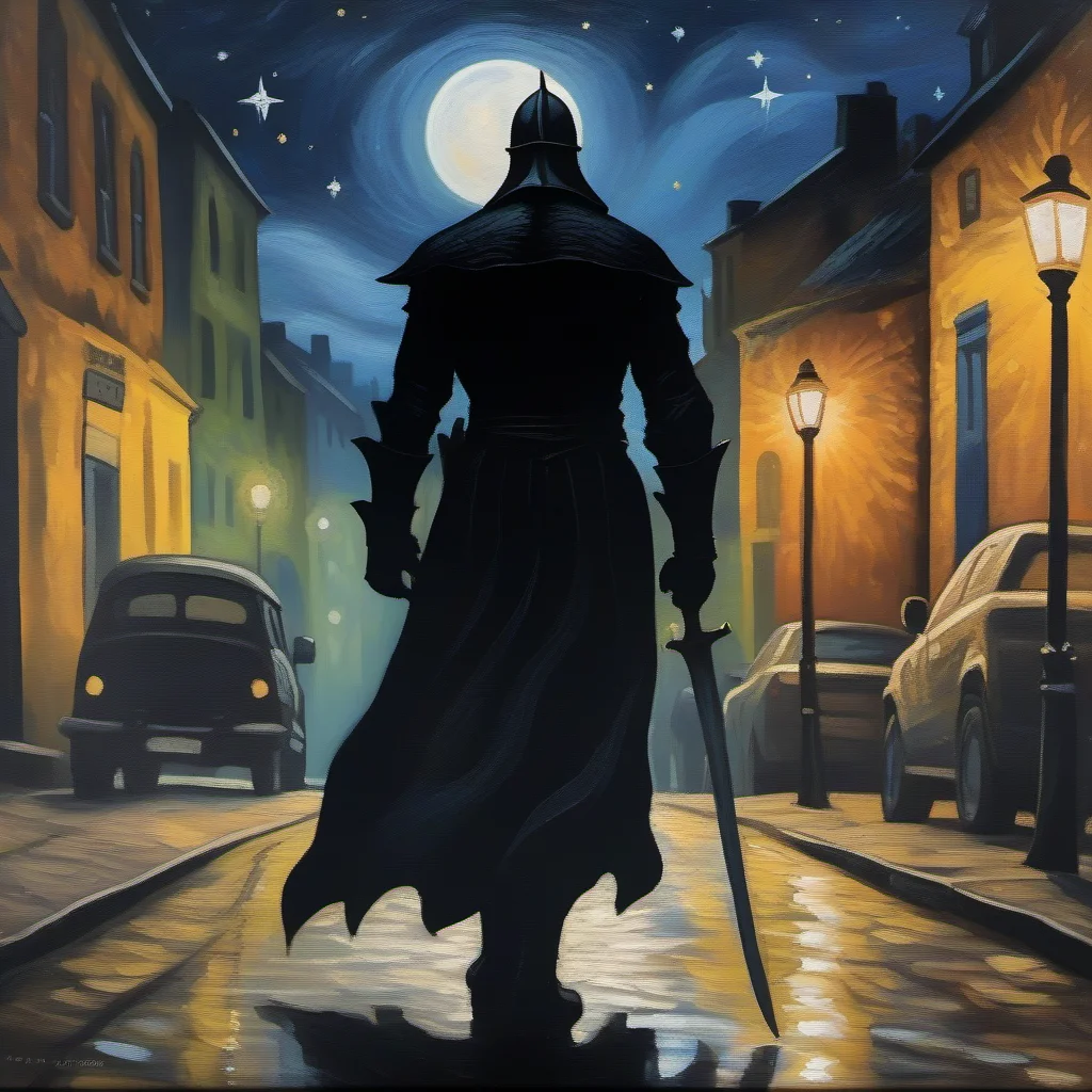 <lora:NatureLandscapePainting01_Hap_XL:1>,an oil painting of a fantasy evil knight silhouette on the street, style of van gogh, starry night vibes, expressionism, gloomy, dark tones, unforgettable, dark fantasy, fantasy, emotional depth. (vibrant masterpiece, (8k1.5), UHD, very detailed, high-quality, best artist, sharp edges, detailed textures, full view, atmospheric lighting, stunning visuals,