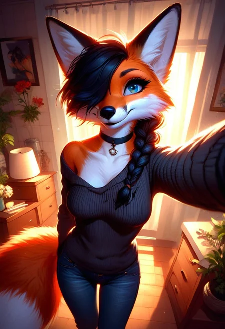 score_9, score_8_up, score_7_up, braided black hair, anthro fox female,foxfolk,perfecteyes,blue eyes, one eye covered by hair, open chest, medium breasts, down blouse,black choker, black knittet sweater,over sized sweater, tights, jeans,from above, selfie, looking at viewer,dutch angle, perfect quality, high quality, at night ,cosy athmosphere, expressiveH