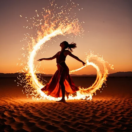 (fire), A young woman performs a mesmerizing fire dance in a vast desert at twilight, her silhouette outlined by twin arcs of spinning flame. She wears a flowing outfit of red and bronze fabrics that move with the rhythm. Sparks leap from her fire poi as the golden hour light meets the firelight, casting long shadows on the sand. The atmosphere is hypnotic, primal, and elegant. (cinematic photography, motion blur, warm tones, high-speed capture, photorealism, expressive movement, glowing embers)