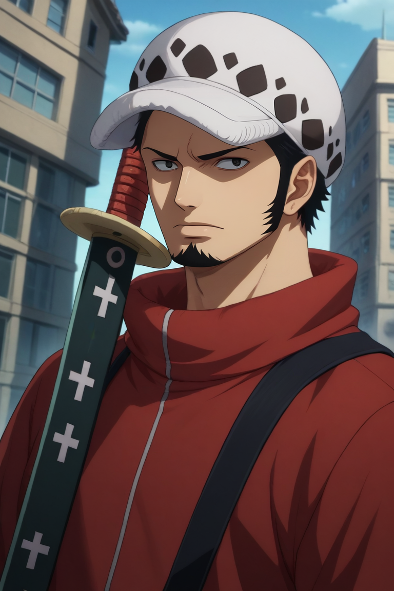 score_9, score_8_up, score_7_up, source_anime, , (realistic:0.6), , upper body, , 1boy, solo, male focus, <lora:law_trafalgar_pony:0.74>, law_trafalgar, black hair, black eyes, short hair, facial hair, sideburns, long sideburns, goatee, hat, , weapon, sword, sheathed, holding weapon, , skyscraper, , <lora:sdxl_lightning_8step_lora:1>