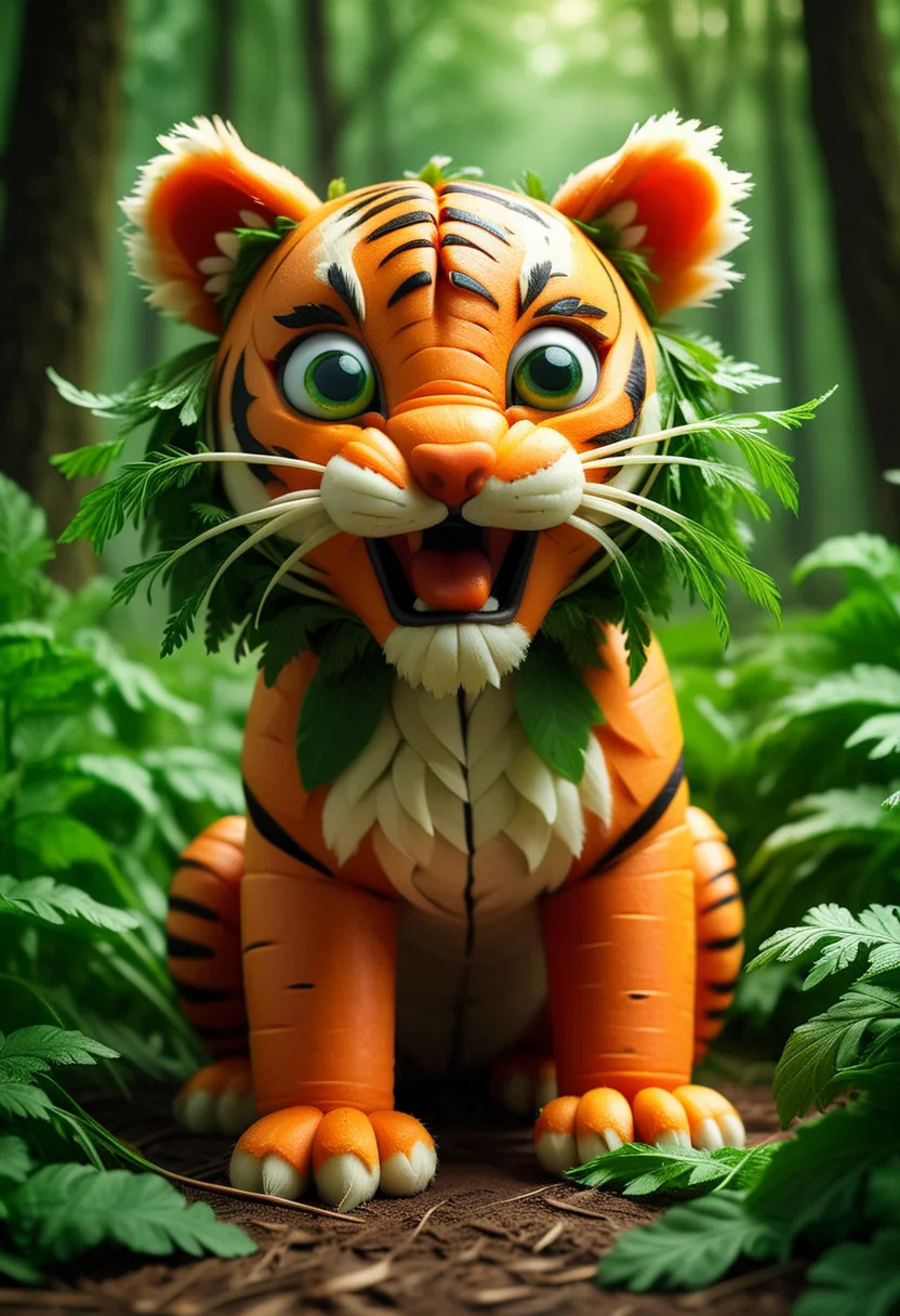 C4RR0T5, a cute tiger is made of carrot leafs, big eyes, roaring and attacking birds, set in the forest, ,Masterpiece,best quality, raw photo, realistic, very aesthetic