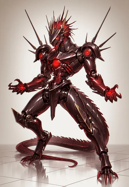 ww1era, victorianera, 18cera, alone, solo, portrait, full body, three quarter view, high detail face, no background, simple floor, full body, retro style, 1creature, bio-mechanical, mutated lizard, lizard face, lizard head, mechanical parts, mechanical enhancement, red glowing eyes, steel iron mechanical, huge body, huge limbs, huge torso, aggresive stance, aggresive pose, aggresive posture, curved back, mechanical claws, sticking lizard tongue, lizard tongue
<lora:RavenScript :1>