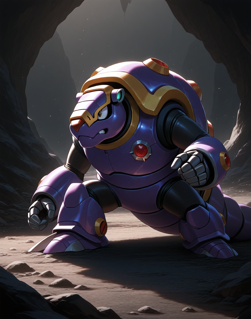 <lora:Armored_Armadillo_(Mega_Man_X)_(Illustrious)_(AD):1> Armored Armadillo, reploid, MMX, 
exterior, cave, mine, 
male focus, intense shadows, dynamic shadows, intricate details, attention to details, gradient coloring, robot, 
BREAK very awa, masterpiece, best quality, amazing quality, very aesthetic, highres, absurdres,
EZRealPONYXL, zPDXL, Smooth Quality, lazynsfw,