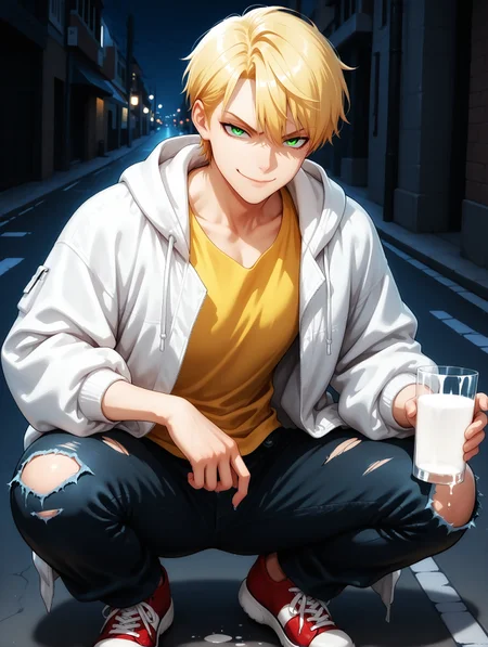 masterpiece, very aesthetic, best quality, solo, amazing quality, 25 years old, masculine, fit body, male, imtdfelixfathom, 1boy, blonde hair, short hair, green eyes, evil smile, closed mouth, looking at viewer, black pants, wide-legged pants, denim pants, ripped pants, sneakers, squatting, large jacket, hooded jacket, white jacket, yellow t-shirt, baggy clothes, elbows on knees, glass of milk in hand, holding the glass of milk at chest level, street, night, dark background
