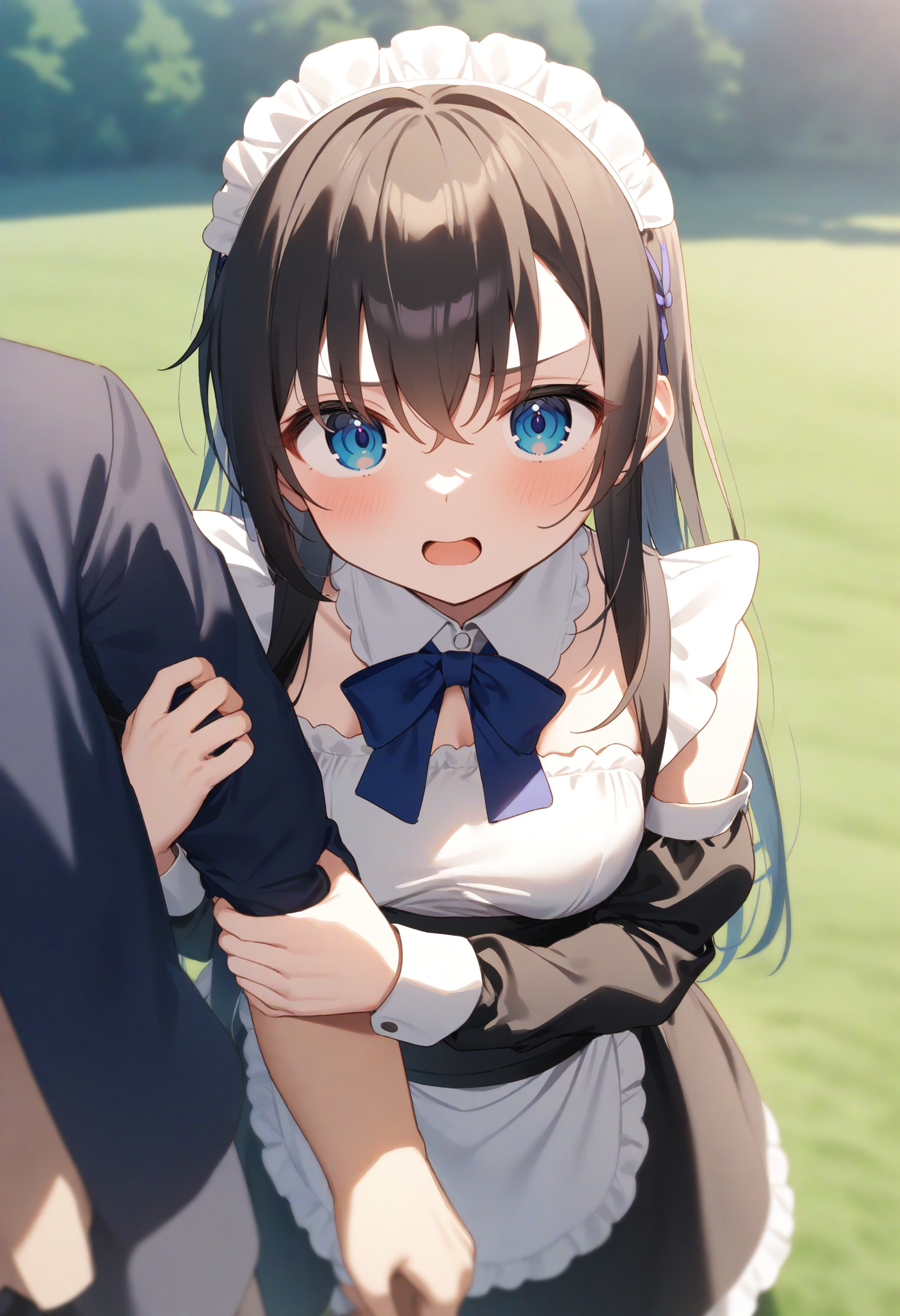 1girl,sincos, ningen mame, toosaka asagi,solo,medium breasts,20yo,maid,maid headdress,
arm hug, solo focus, out of frame, holding another's arm,<lora:armhug_XL_v1:0.7>
from above, cinematic angle, looking at viewer, envy, pasture, open mouth,
best quality, very aesthetic, absurdres