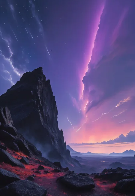 DB4RZ style painting, A dark, otherworldly volcanic landscape looms under a vast, star-filled night sky. The monumental volcano, towering and ominous, is formed from nearly black rocks and violently erupts with glowing streams of magma that pour down its slopes, casting an eerie light across the scene. Above, gigantic clouds swirl, unnaturally illuminated in vivid, otherworldly hues of deep purples, greens, and electric blues, stark against the dark sky. The stars seem brighter than usual, scattered like silver dust across the heavens, adding to the surreal atmosphere. Amidst this chaotic beauty, a lone cloaked figure sits quietly on a jagged outcrop of stone, silhouetted against the volcanic glow. The strange mix of the volcanic fury, the alien light from the clouds, and the serene starlit sky creates a scene both majestic and unsettling, where natural forces collide with unnatural light in a sublime display. (purple sky colors: 2.5) (ethereal glow: 2.3)
 (8k uhd:1,4)
 <lora:add-detail-xl:1>
 <lora:Dynamic Poses:1>