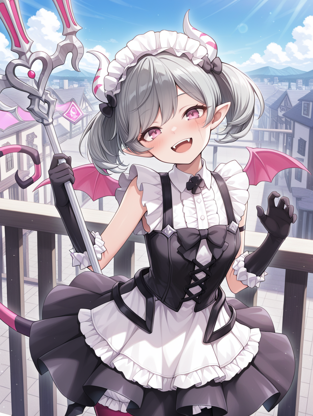 1girl, arianne the labrynth servant, solo, tail raised, smile, railing, blue sky, cloud, looking at viewer, open mouth, fangs, holding trident, trident, head tilt, pink demon wings, blush, :d, demon girl, white maid headdress, black hair bow, black bowtie, black cross-laced corset, white frilled dress, black elbow gloves, asymmetrical legwear, scar across eye, white bloomers,
masterpiece,best quality,amazing quality,very aesthetic,absurdres,newest,<lora:Arianne and  Arianna the Labrynth Servant illusXL v1.1:0.75>,