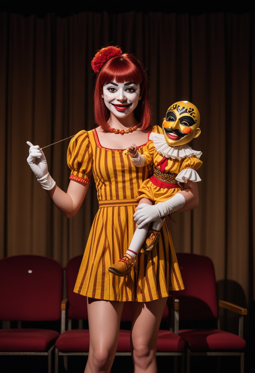 (medium full shot) of (eccentric puppeteer) young woman, mexican, mahogany skin, brown eyes, voluptuous build, medium red straight bangs hair, wearing a golden yellow striped tunic, knee-length shorts, decorative shoes, commedia dell'arte mask, embroidered gloves, carrying a hand puppet,  set in  a modern theater, with sleek lines, contemporary seating, cutting-edge lighting, minimalist decor, at night, woman smiling, Masterpiece,best quality, photo, realistic, very aesthetic, detailed face,