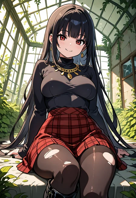 masterpiece, best quality, 1girl, solo, medium breasts, (curvy), narrow waist, wide hips,  smile, looking at viewer, dynamic pose, foreshortening, detailed face,  [Garden Punk Reverie], Ripped tights, plaid skirt, combat boots, oversized band tee, black nail polish, Lounging in an overgrown greenhouse, surrounded by vines, cracked glass, and soft sunlight.,<lora:ZankuroStyle_NAI:1.0>,