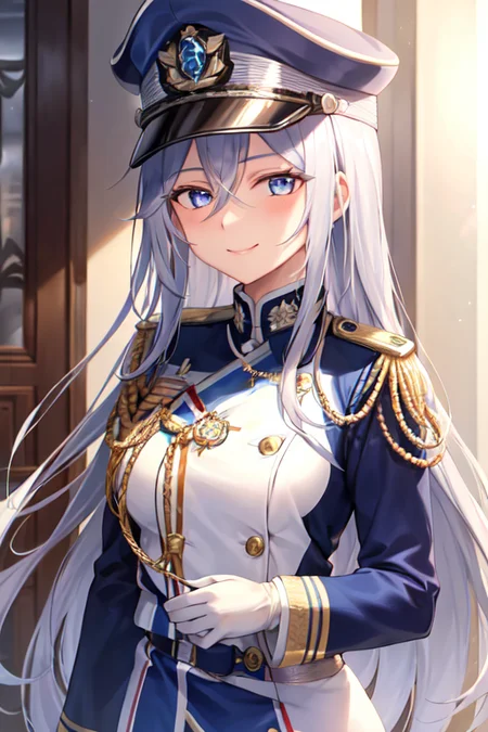 1girl, gloves, hair_between_eyes, hat, jacket, long_hair, long_sleeves, looking_at_viewer, military, military_uniform, silver_hair, smile, solo, uniform, white_gloves