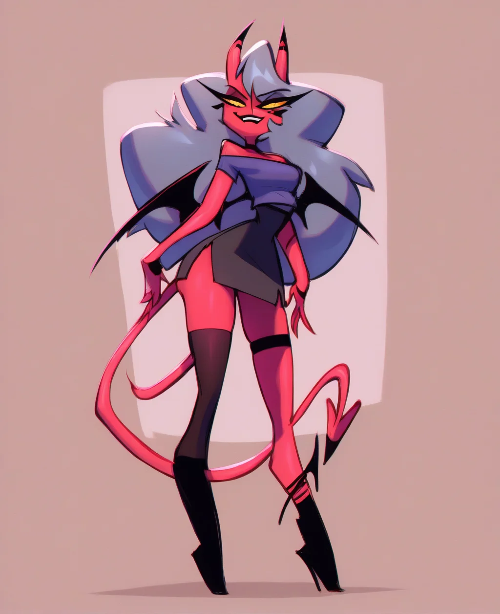 score_9. score_8_up. score_7_up, <lora:darnactDORA:1> darnact, score_9, darnact, 1girl, red skin, demon wings, demon horns, demon girl, demon tail, thighhighs, long hair, colored sclera, full body, smile, single thighhigh, skirt, high heels, boots, yellow eyes, simple background