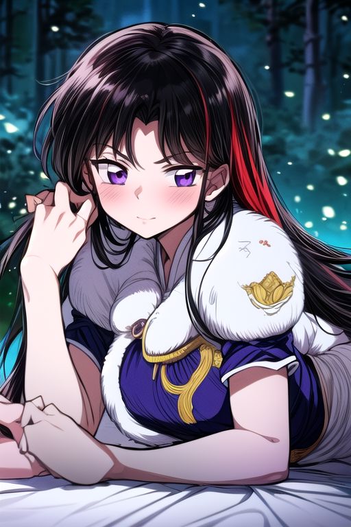 2girls, sister, masterpiece,  best quality 1girl Setsun4 solo long hair,  (night time) forest background black hair very long hair purple eyes multicolored hair armor (fur trim) (medium body),<lora:EMS-179-EMS:0.800000>,<lora:EMS-293862-EMS:0.800000> bow, hair_bow, hair_tubes, red_bow, brown_hair, long_hair, bangs, ascot, frilled_bow, yellow_ascot, blush, smile, hair_between_eyes, athletic, armor, miko, ,(((intricate outfit,intricate clothes,embroidered outfit,ornate outfit,embroidered clothes,ornate clothes))), laying down, lying down