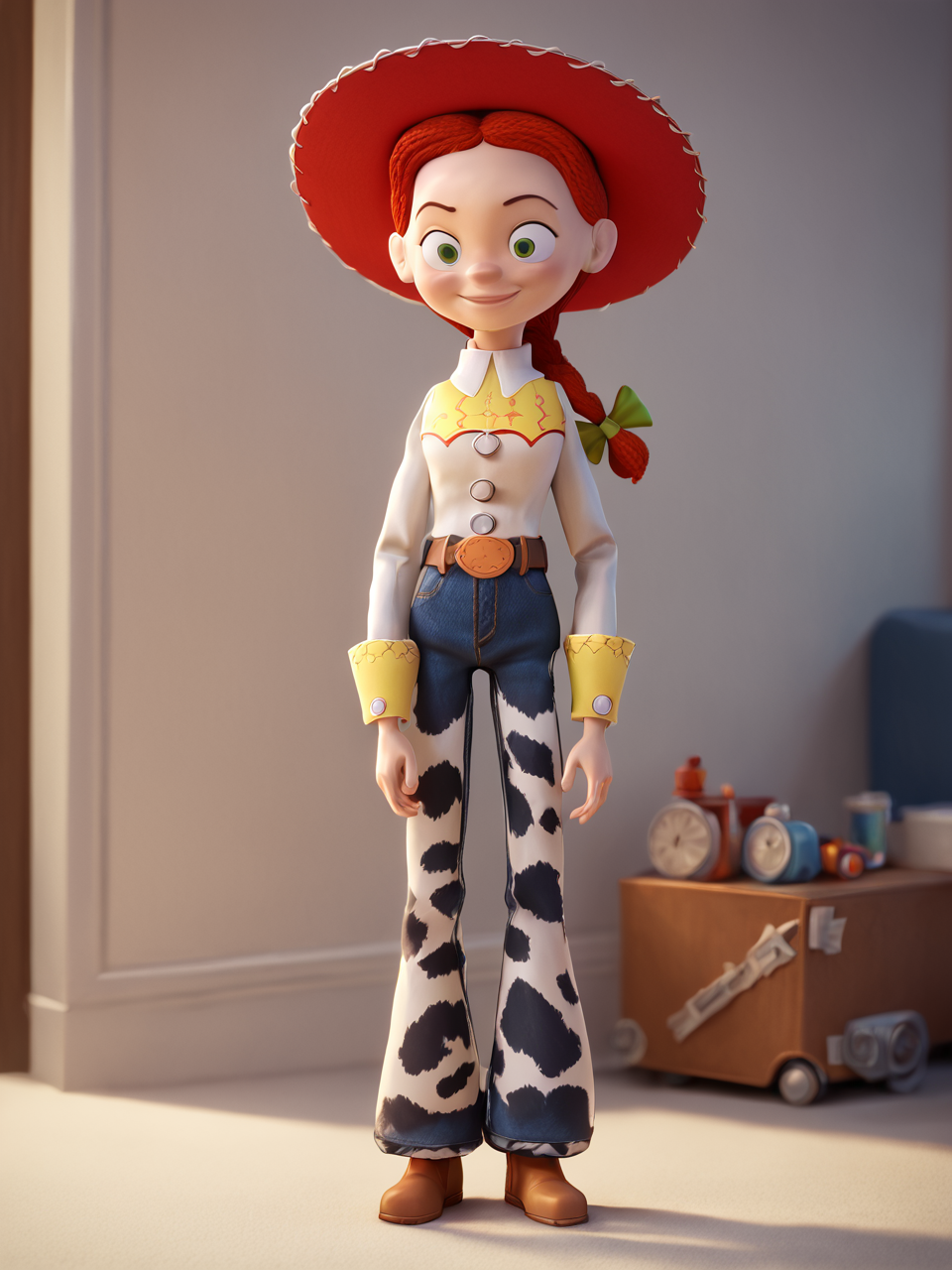 score_9, score_8_up, score_7_up,  score_6_up, BREAK, ToyJessie, 1girl, solo, green eyes, red hair, braid, bow, closed mouth, smile, cowboy hat, shirt, belt, boots, jeans, <lora:Jessie-000009:1>