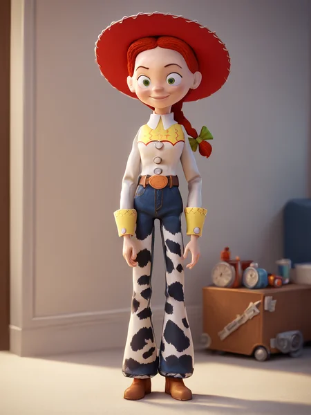 score_9, score_8_up, score_7_up, score_6_up, BREAK, ToyJessie, 1girl, solo, green eyes, red hair, braid, bow, closed mouth, smile, cowboy hat, shirt, belt, boots, jeans, <lora:Jessie-000009:1>