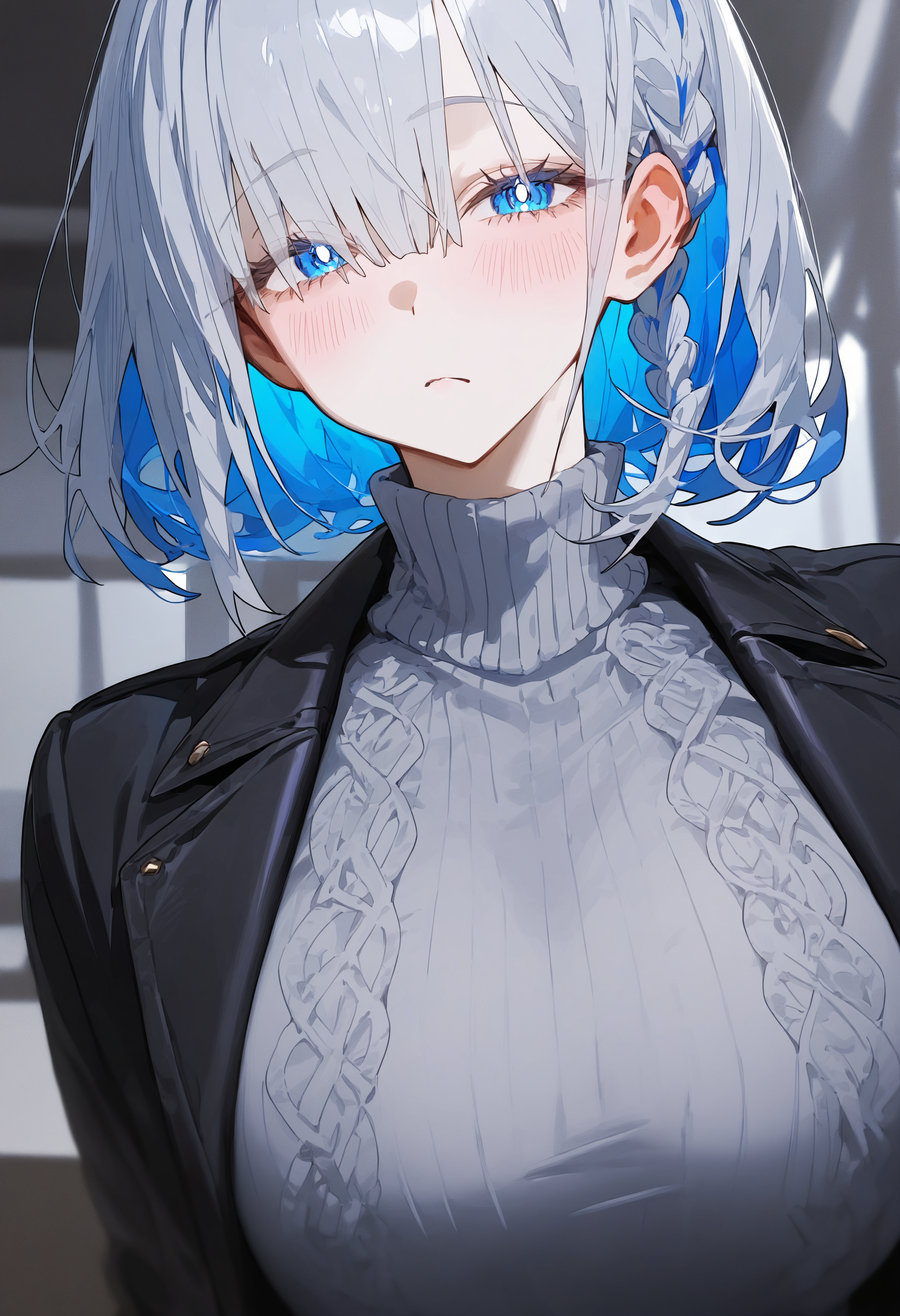 masterpiece, best quality, newest, absurdres, highres, very awa, anime screencap, film grain, limited palette, no lineart, ambient occlusion, depth of field, intricate background, c2Fn, eye focus, painting \(medium\), 1girl, breasts, solo, grey sweater, sweater, large breasts, blue eyes, looking at viewer, upper body, hair between eyes, turtleneck, white hair, turtleneck sweater, blush, closed mouth, ribbed sweater, jacket, long sleeves, multicolored hair, white background, braid, medium hair, bright pupils, short hair, open jacket, open clothes, black jacket, grey hair, blue hair, colored inner hair, white pupils, two-tone hair, cable knit, aran sweater