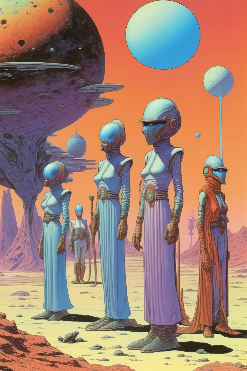 <lora:Angus McKie Style:1>Angus McKie Style - moebius style line-up of characters on an exotic planet