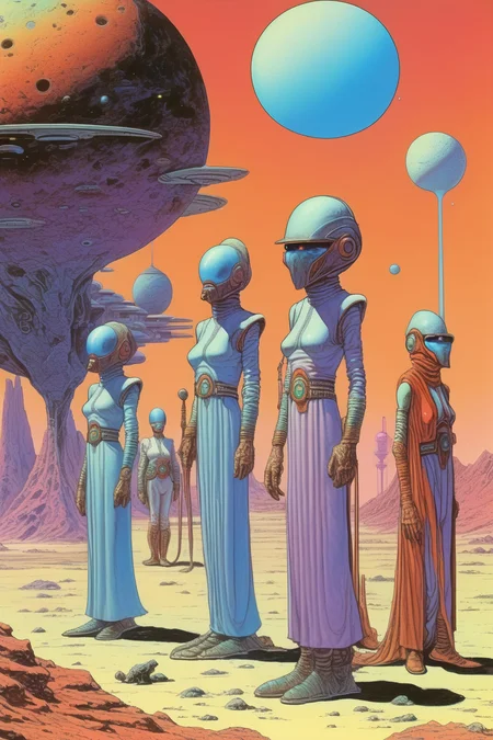 <lora:Angus McKie Style:1>Angus McKie Style - moebius style line-up of characters on an exotic planet