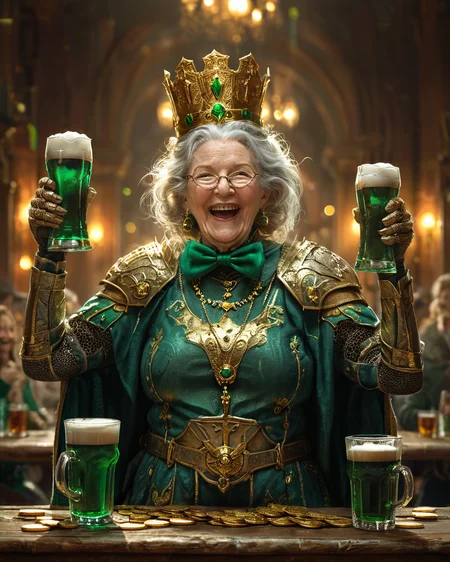 cheerful (ancient old grandma:1.2) at the retro bar, wielding two massive beer glasses,arms up, (maniac laughing:1.1) hysterically rofl lol,<lora:XLAddDetail:1>. Saint Patrick's Day theme, green top hat, ginger beard, lots of gold coins on the table.    armored grandma knight <lora:XL_Weapon_Dual_Swords_-_By_HailoKnight:1>