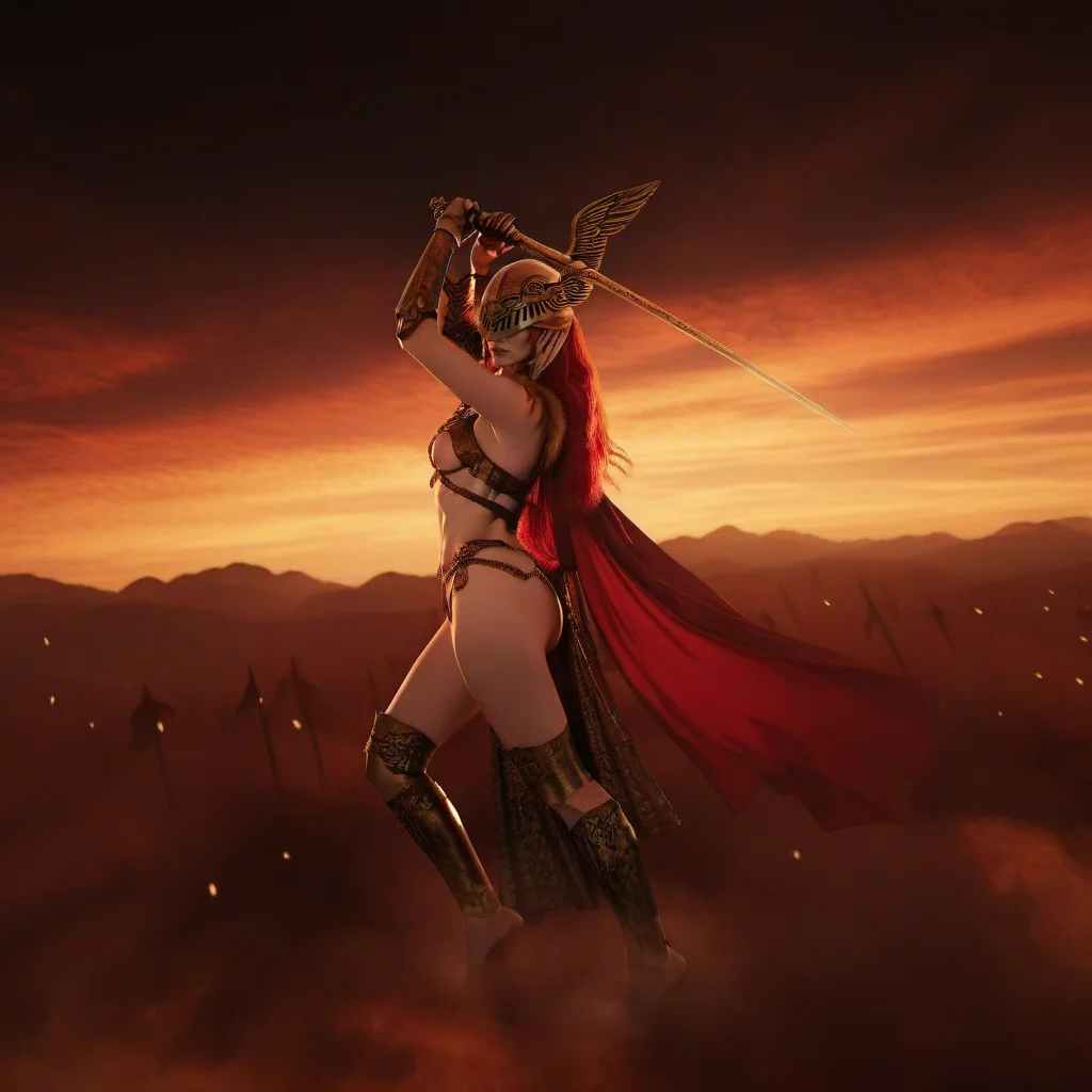 cinematic photo a woman with red hair, winged helmet,breast, sword <lora:Malenia1024:0.8> . 35mm photograph, film, bokeh, professional, 4k, highly detailed