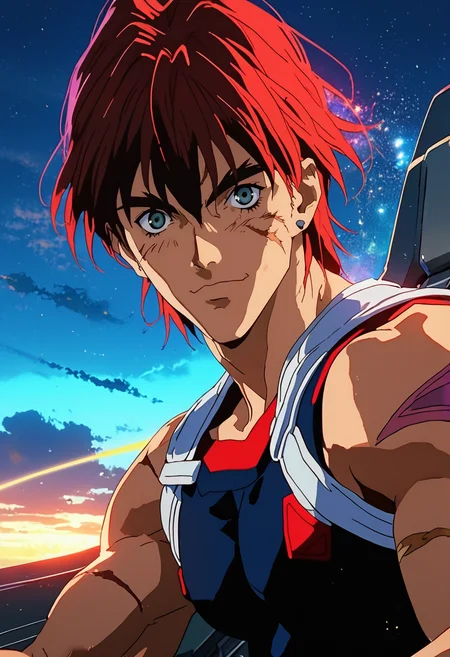 source_anime, (masterpiece), (best quality), score_9, score_8_up, score_7_up, (masterpiece:1.2), (best quality:1.3), 1boy <lora:Gene_Starwind_Outlaw_Star-000005:0.8> gstar_ostr, red hair, scar, looking at viewer, portrait, muscular, shoulder star, cockpit background, 1990s \(style\), masterful composition, dynamic movement, low-key lighting, lo-fi, glow, dynamic cinematic lighting, ray_tracing, global illumination <lora:Anime Style (Vauxz) PONY:0.8>